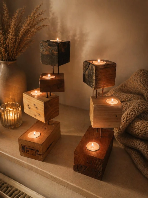 Bougeoirs artisanaux en bois de récupération fabriqués à la main